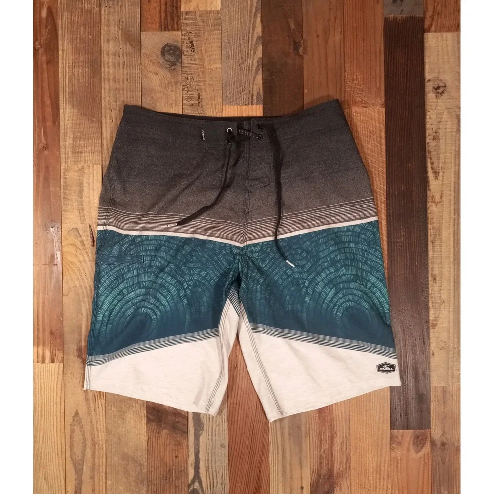 O'Neill Mens Board Shorts Size 32 Teal Grey Colorblock Geometric Swim Trunks‎